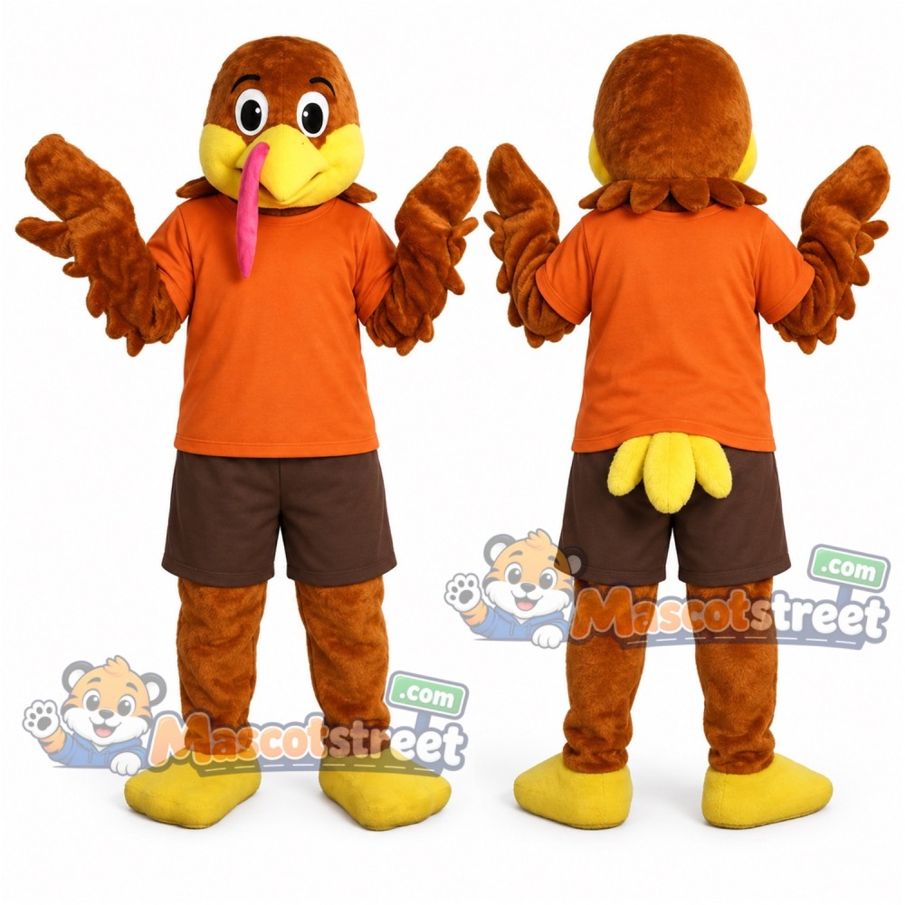 Brown Turkey Mascot Costume with Orange Shirt and Brown Shorts Brown Turkey Mascot Costume with Orange Shirt and Brown Shorts