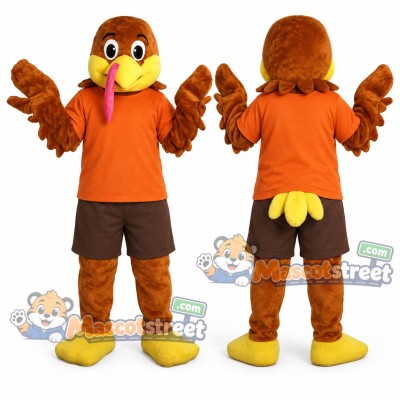 Brown Turkey Mascot Costume with Orange Shirt and Brown Shorts Brown Turkey Mascot Costume with Orange Shirt and Brown Shorts