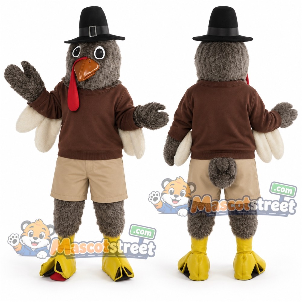 Gray Turkey Mascot Costume with Brown Shirt, Beige Shorts and Black Hat Gray Turkey Mascot Costume with Brown Shirt, Beige Shorts and Black Hat