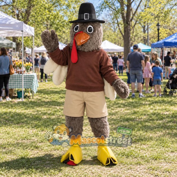 Gray Turkey Mascot Costume with Brown Shirt, Beige Shorts and Black Hat