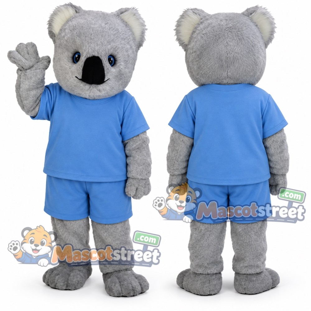Gray Koala Mascot Costume with Light Blue Shirt and Shorts