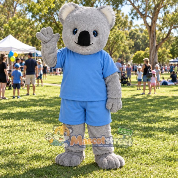 Gray Koala Mascot Costume with Light Blue Shirt and Shorts