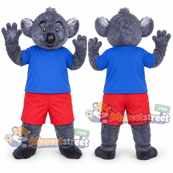 Gray Koala Mascot Costume with Blue Shirt and Red Shorts