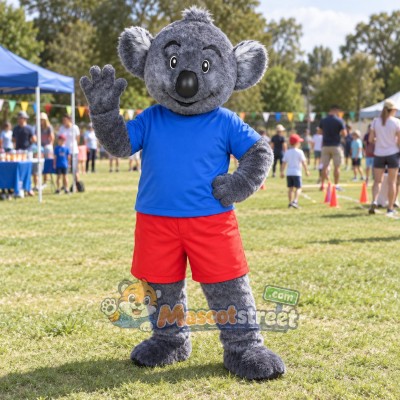 Gray Koala Mascot Costume with Blue Shirt and Red Shorts Gray Koala Mascot Costume with Blue Shirt and Red Shorts