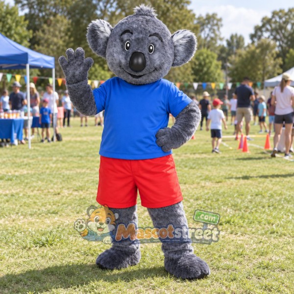 Gray Koala Mascot Costume with Blue Shirt and Red Shorts