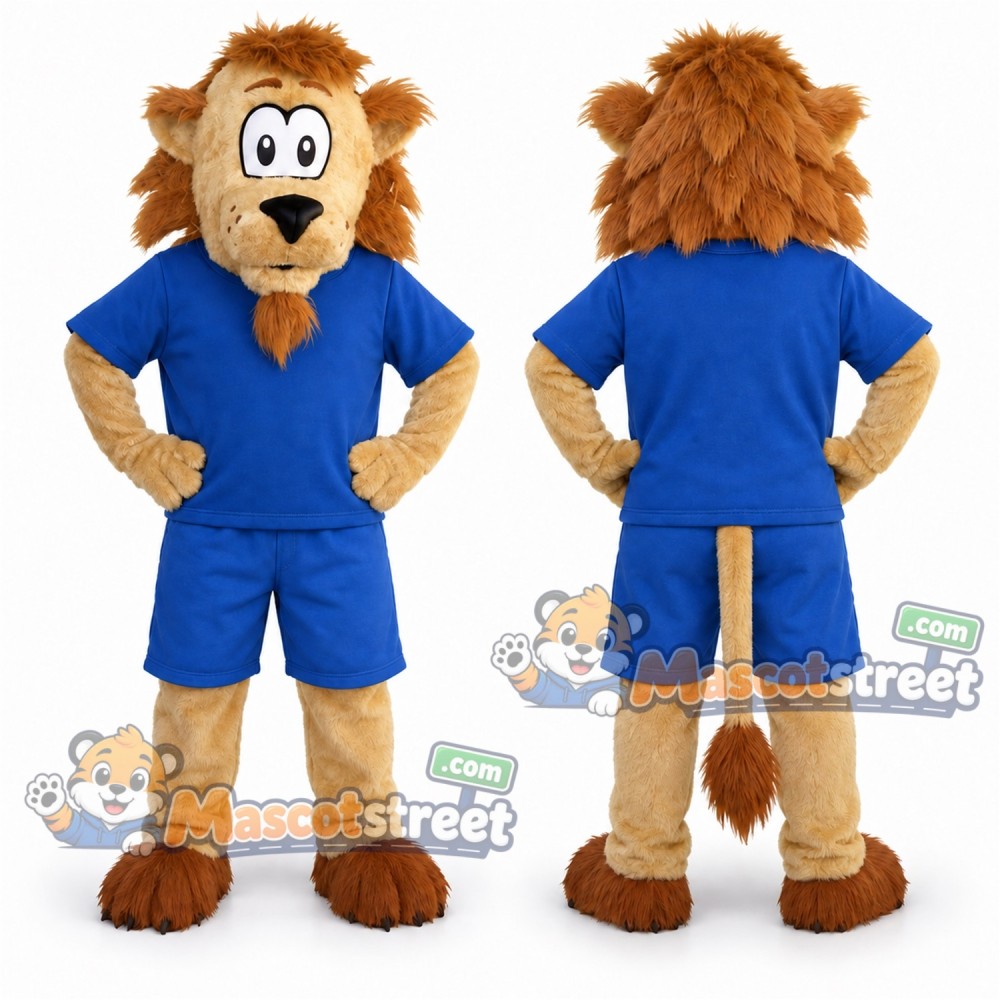 Tan Lion Mascot Costume with Blue Shirt and Shorts Tan Lion Mascot Costume with Blue Shirt and Shorts