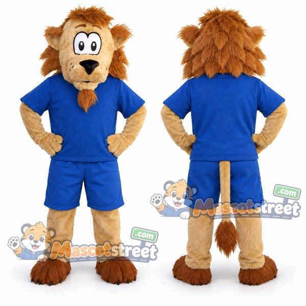 Tan Lion Mascot Costume with Blue Shirt and Shorts
