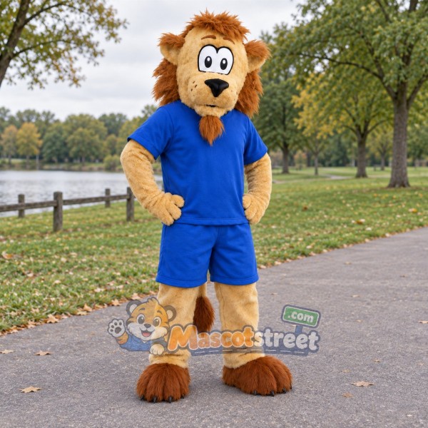 Tan Lion Mascot Costume with Blue Shirt and Shorts