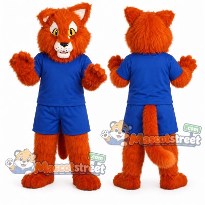Orange Cat Mascot Costume with Blue Shirt and Shorts Orange Cat Mascot Costume with Blue Shirt and Shorts