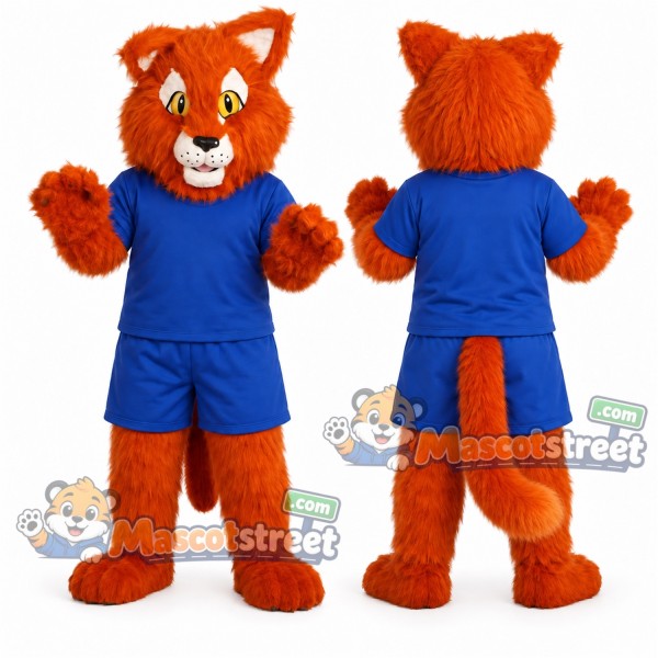 Orange Cat Mascot Costume with Blue Shirt and Shorts