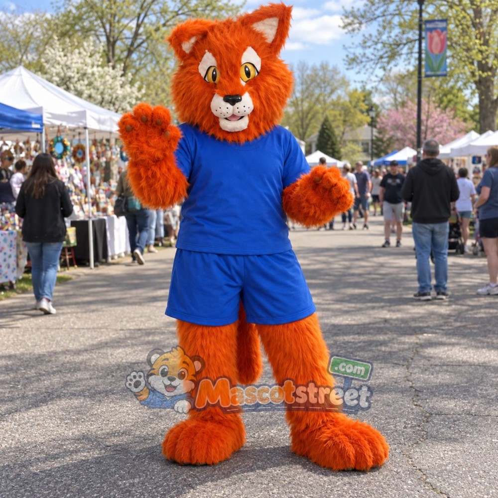 Orange Cat Mascot Costume with Blue Shirt and Shorts