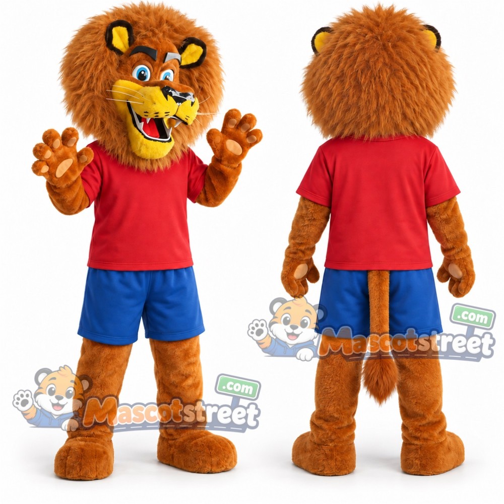 Brown Lion Mascot Costume with Red Shirt and Blue Shorts