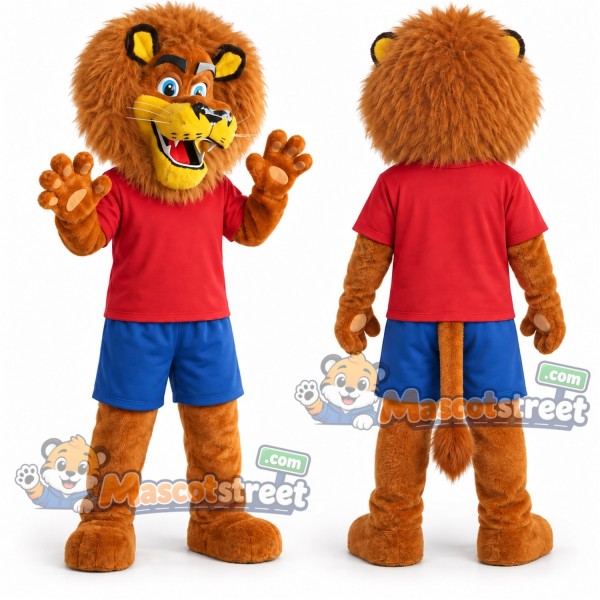 Brown Lion Mascot Costume with Red Shirt and Blue Shorts