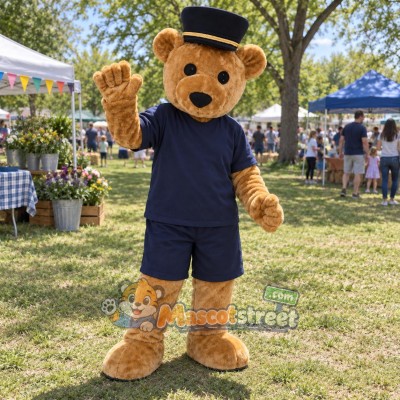 Tan Bear Mascot Costume with Navy Shirt, Navy Shorts and Top Hat Tan Bear Mascot Costume with Navy Shirt, Navy Shorts and Top Hat