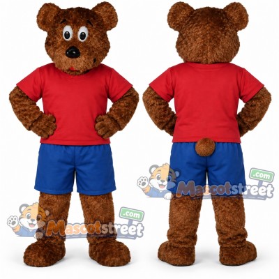 Brown Bear Mascot Costume with Red Shirt and Blue Shorts