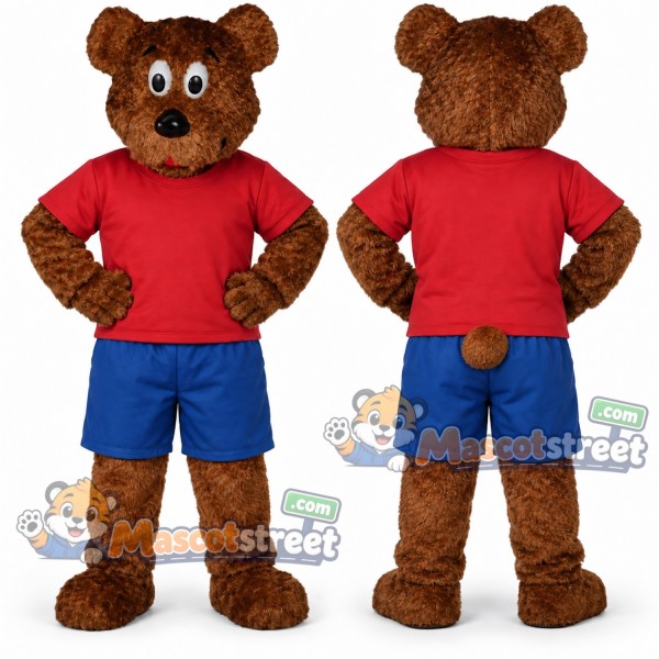 Brown Bear Mascot Costume with Red Shirt and Blue Shorts