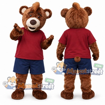 Brown Bear Mascot Costume with Burgundy Shirt and Navy Shorts Brown Bear Mascot Costume with Burgundy Shirt and Navy Shorts