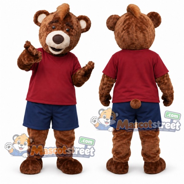 Brown Bear Mascot Costume with Burgundy Shirt and Navy Shorts
