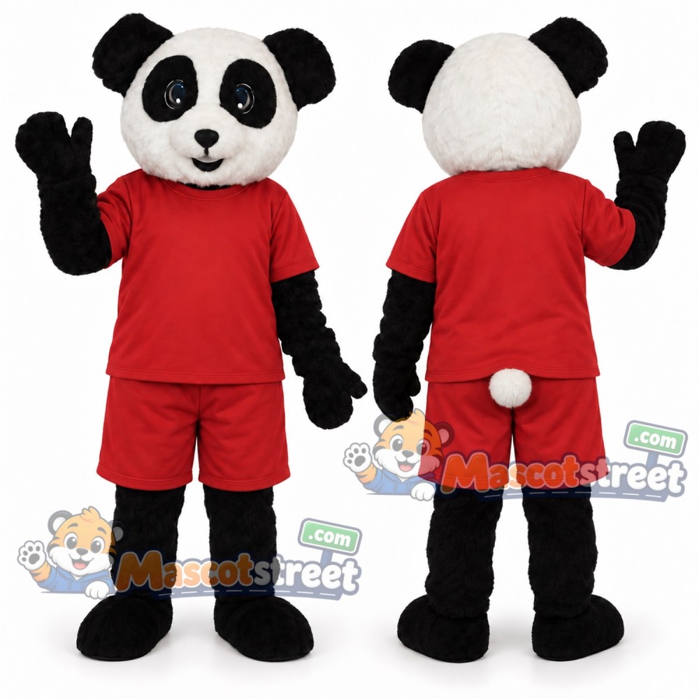 Panda Mascot Costume with Red Shirt and Shorts