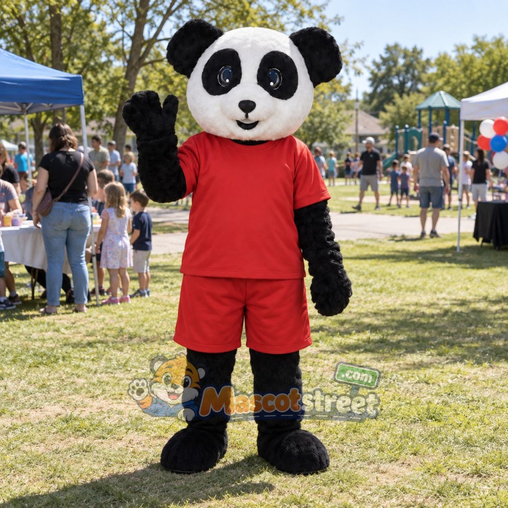 Panda Mascot Costume with Red Shirt and Shorts