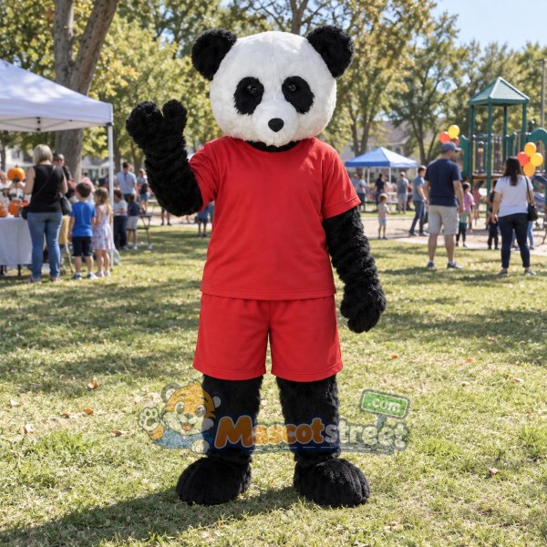 Panda Mascot Costume with Red Shirt and Shorts
