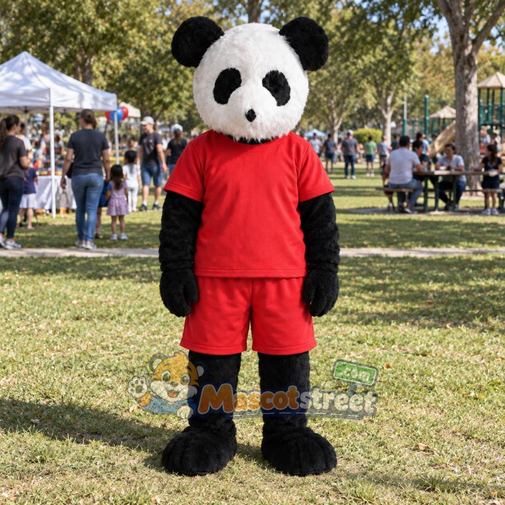 Panda Mascot Costume with Red Shirt and Shorts Panda Mascot Costume with Red Shirt and Shorts