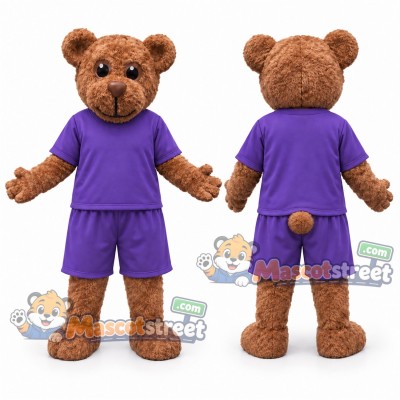 Brown Bear Mascot Costume with Purple Shirt and Shorts Brown Bear Mascot Costume with Purple Shirt and Shorts