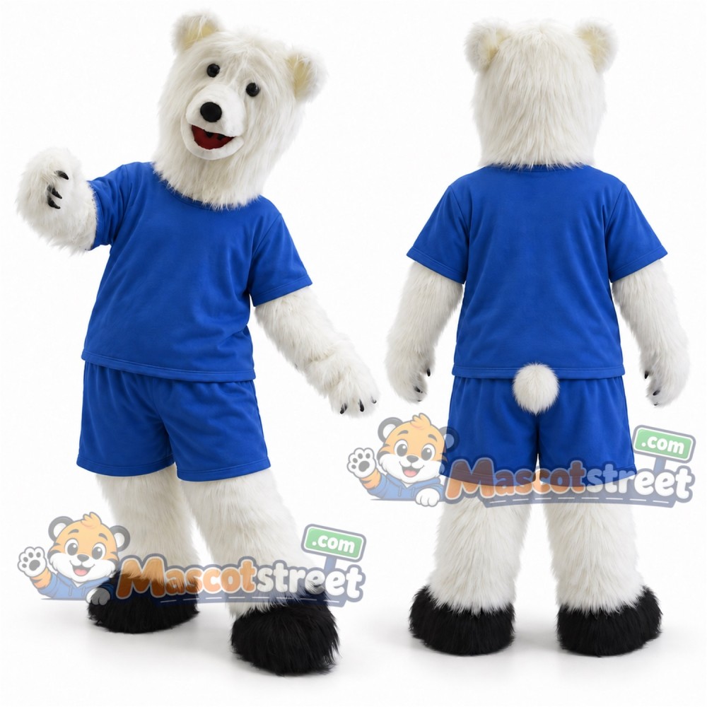 White Polar Bear Mascot Costume with Blue Shirt and Shorts White Polar Bear Mascot Costume with Blue Shirt and Shorts