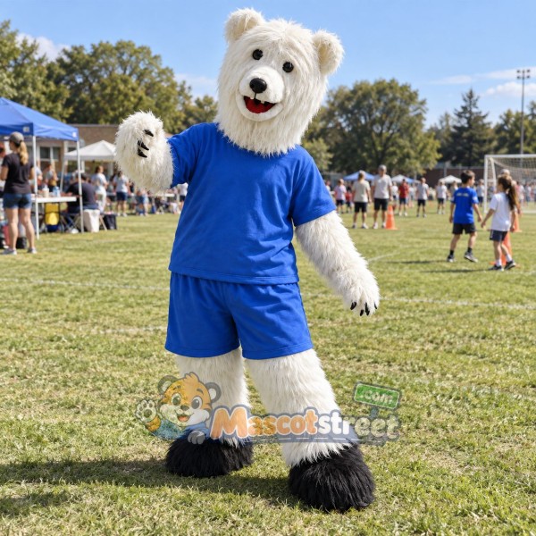 White Polar Bear Mascot Costume with Blue Shirt and Shorts