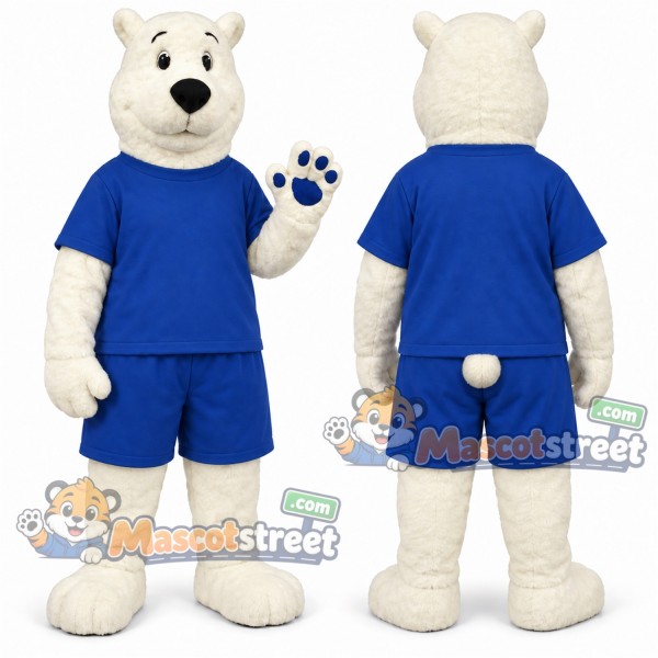 White Polar Bear Mascot Costume with Blue Shirt and Shorts