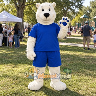 White Polar Bear Mascot Costume with Blue Shirt and Shorts