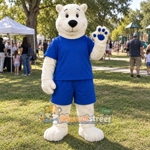White Polar Bear Mascot Costume with Blue Shirt and Shorts