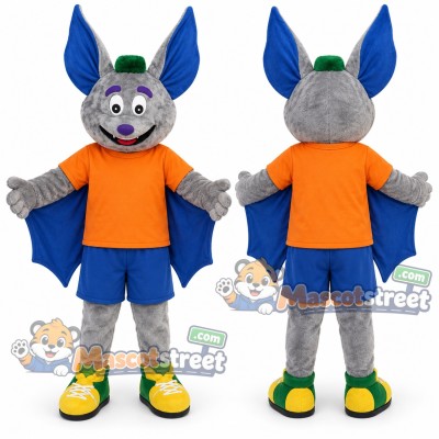 Gray Bat Mascot Costume with Orange Shirt, Blue Shorts and Green Hat