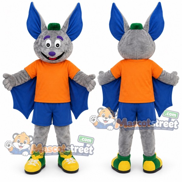 Gray Bat Mascot Costume with Orange Shirt, Blue Shorts and Green Hat