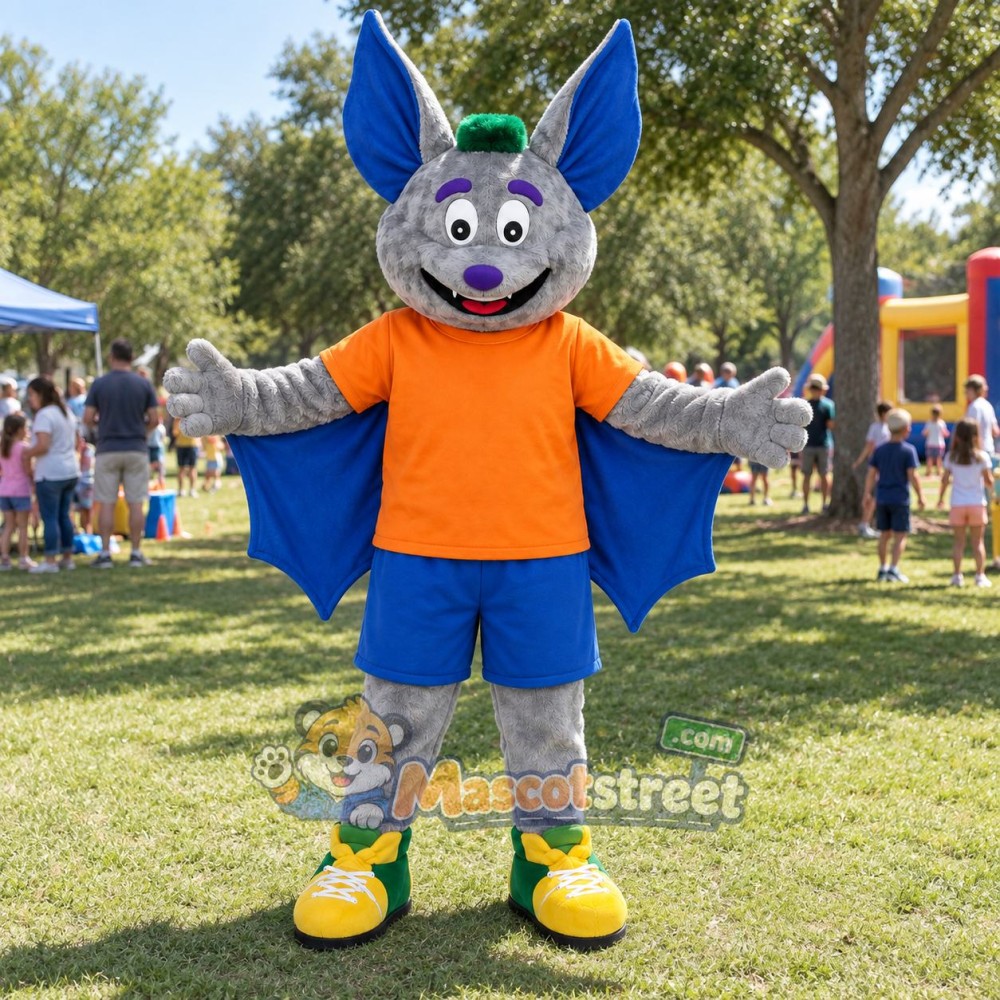 Gray Bat Mascot Costume with Orange Shirt, Blue Shorts and Green Hat