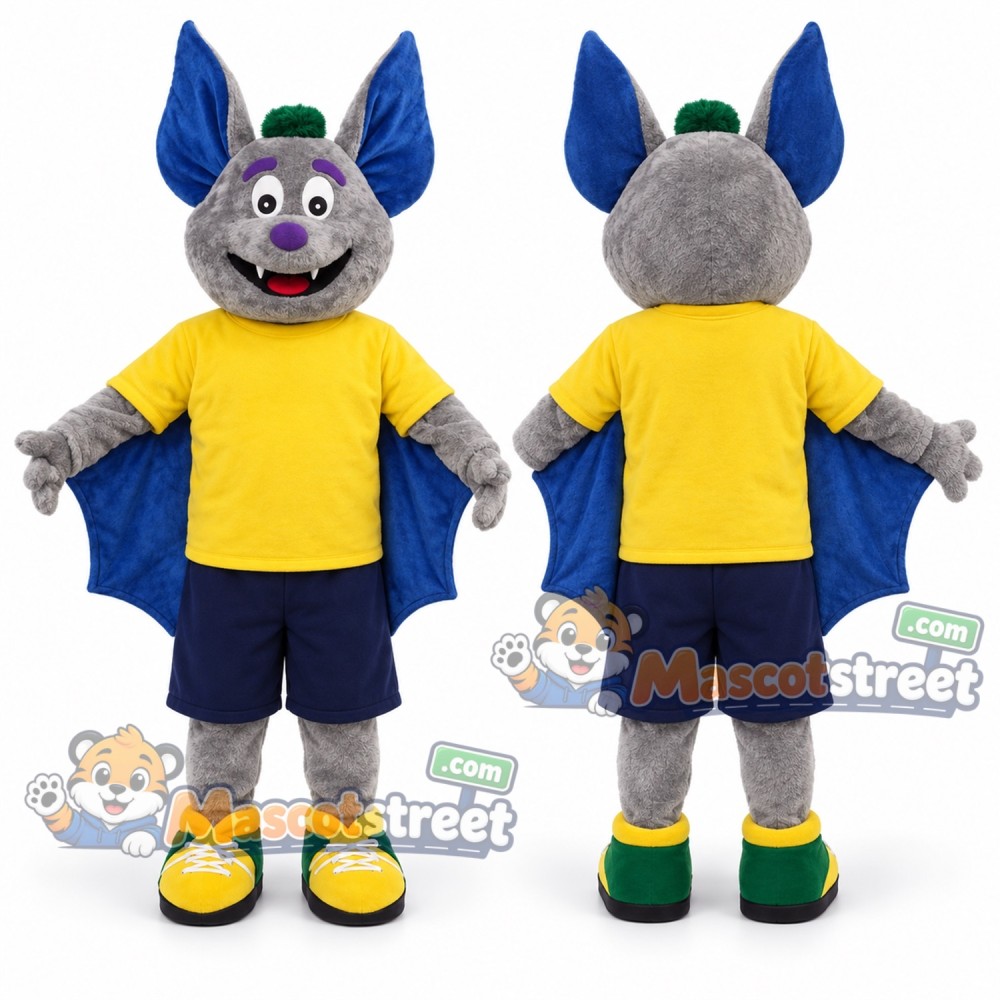 Gray Bat Mascot Costume with Yellow Shirt, Navy Shorts and Green Hat