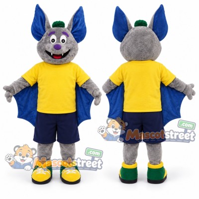 Gray Bat Mascot Costume with Yellow Shirt, Navy Shorts and Green Hat