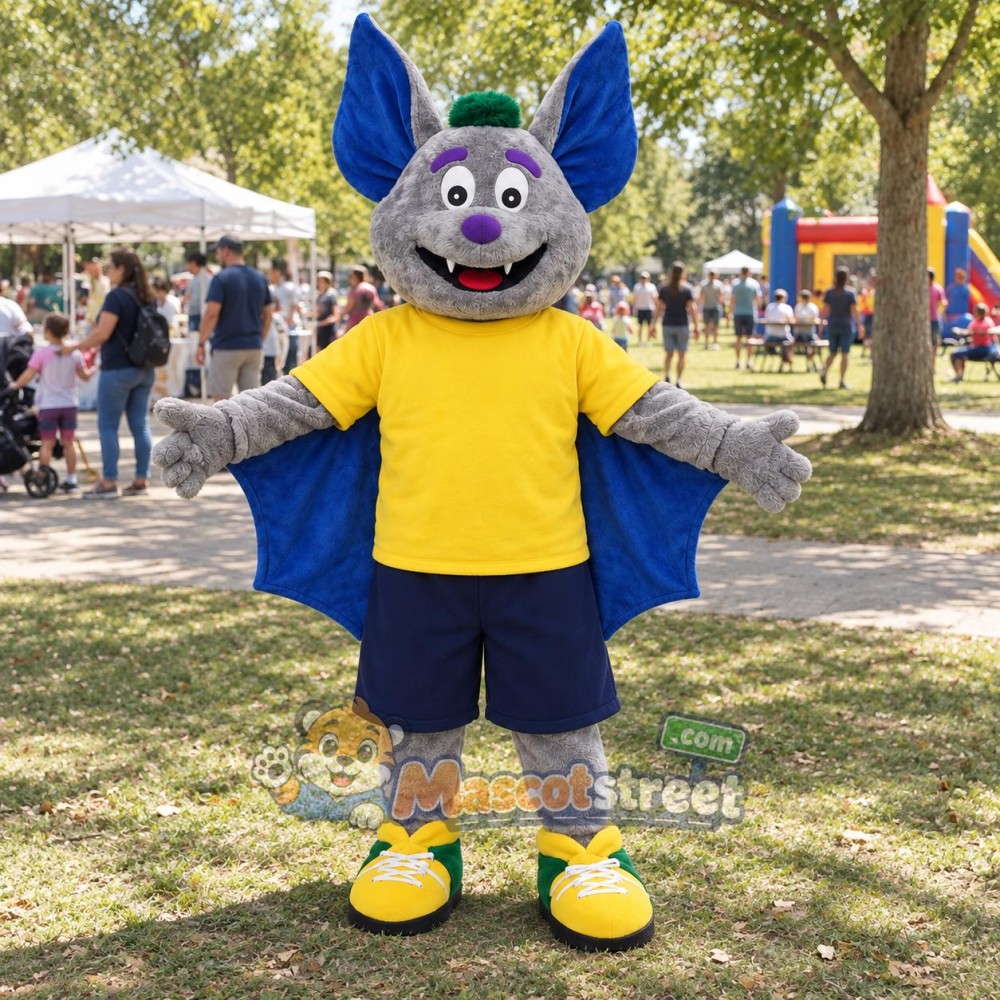 Gray Bat Mascot Costume with Yellow Shirt, Navy Shorts and Green Hat Gray Bat Mascot Costume with Yellow Shirt, Navy Shorts and Green Hat