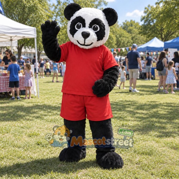 Panda Mascot Costume with Red Shirt and Shorts