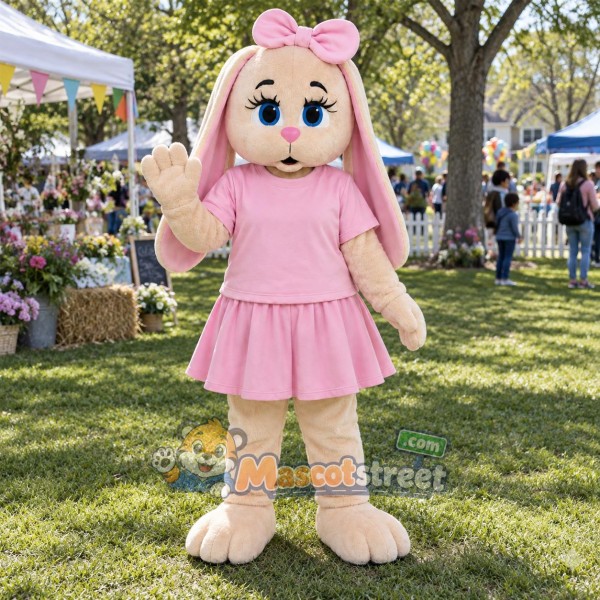 Cream Rabbit Mascot Costume with Pink Shirt and Skirt