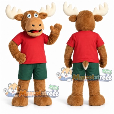 Tan Moose Mascot Costume with Red Shirt and Green Shorts Tan Moose Mascot Costume with Red Shirt and Green Shorts