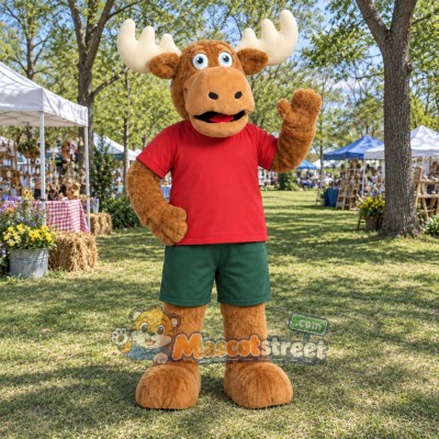 Tan Moose Mascot Costume with Red Shirt and Green Shorts Tan Moose Mascot Costume with Red Shirt and Green Shorts