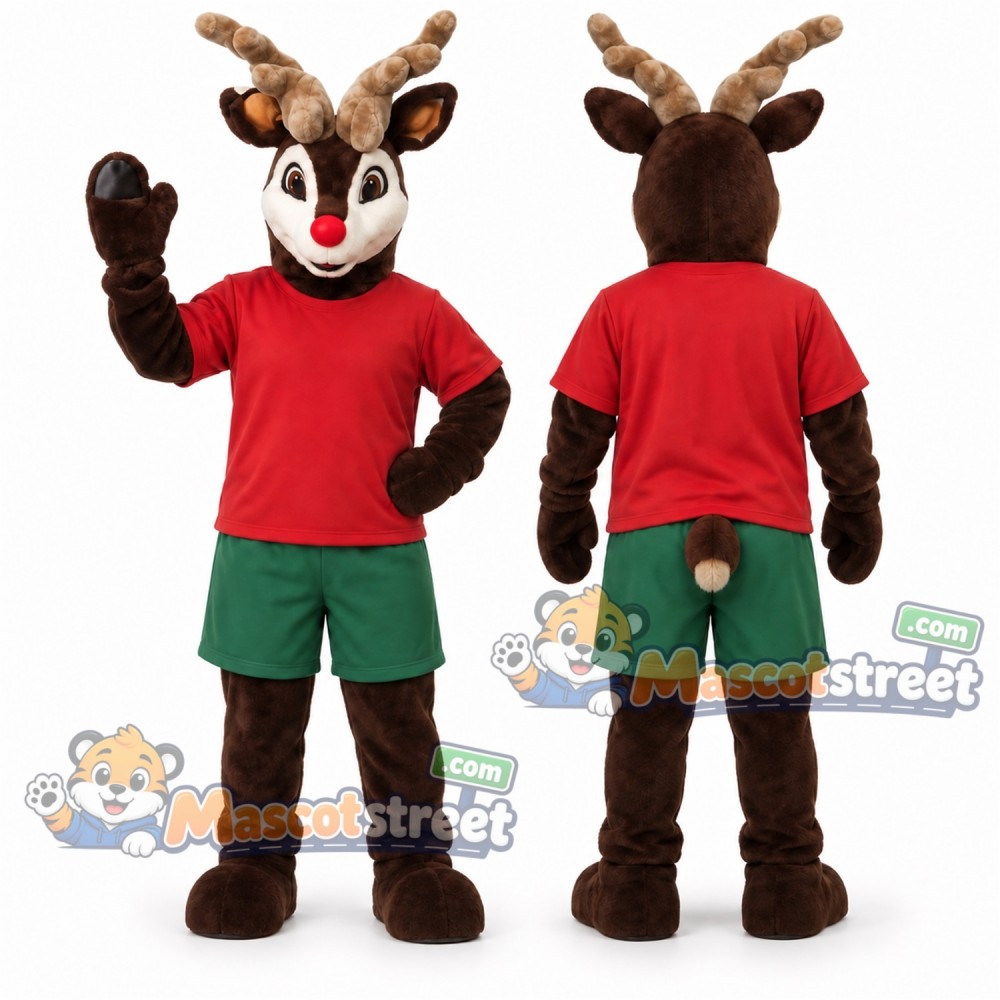 Brown Reindeer Mascot Costume with Red Shirt and Green Shorts