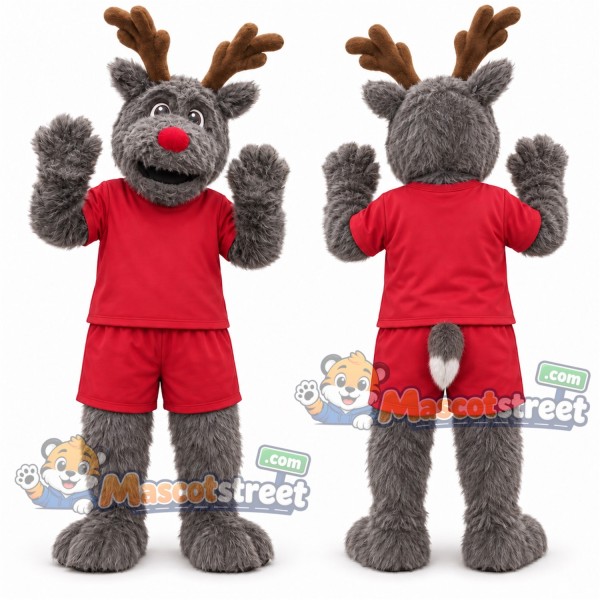 Gray Reindeer Mascot Costume with Red Shirt and Shorts