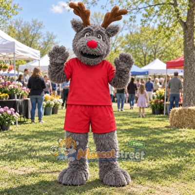 Gray Reindeer Mascot Costume with Red Shirt and Shorts