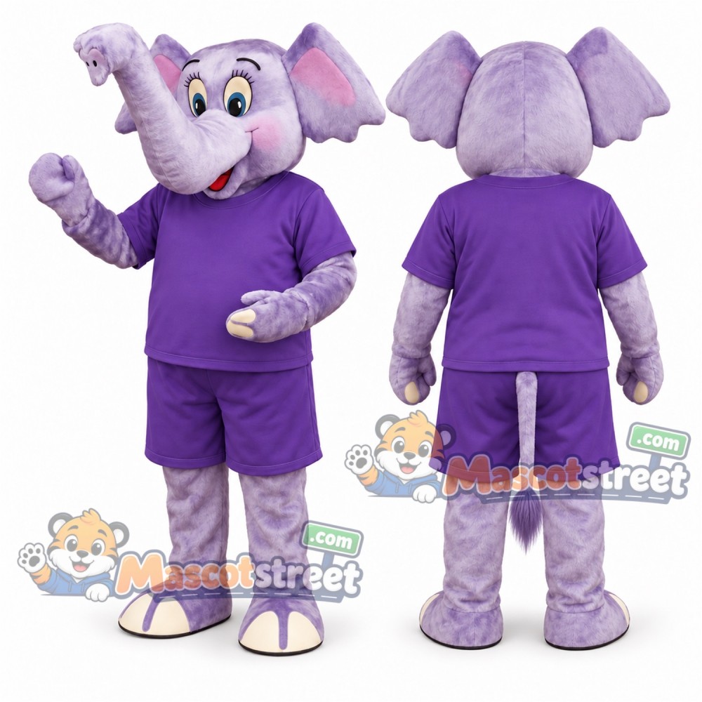 Purple Elephant Mascot Costume with Purple Shirt and Shorts