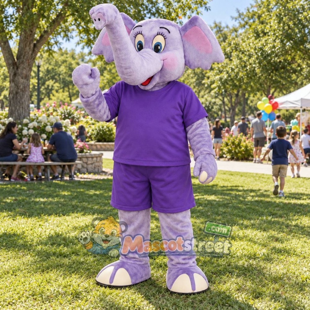Purple Elephant Mascot Costume with Purple Shirt and Shorts Purple Elephant Mascot Costume with Purple Shirt and Shorts