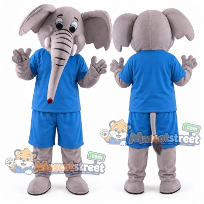 Gray Elephant Mascot Costume with Blue Shirt and Shorts
