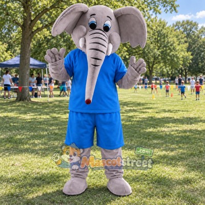 Gray Elephant Mascot Costume with Blue Shirt and Shorts Gray Elephant Mascot Costume with Blue Shirt and Shorts