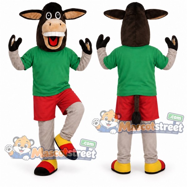 Brown Donkey Mascot Costume with Green Shirt and Red Shorts